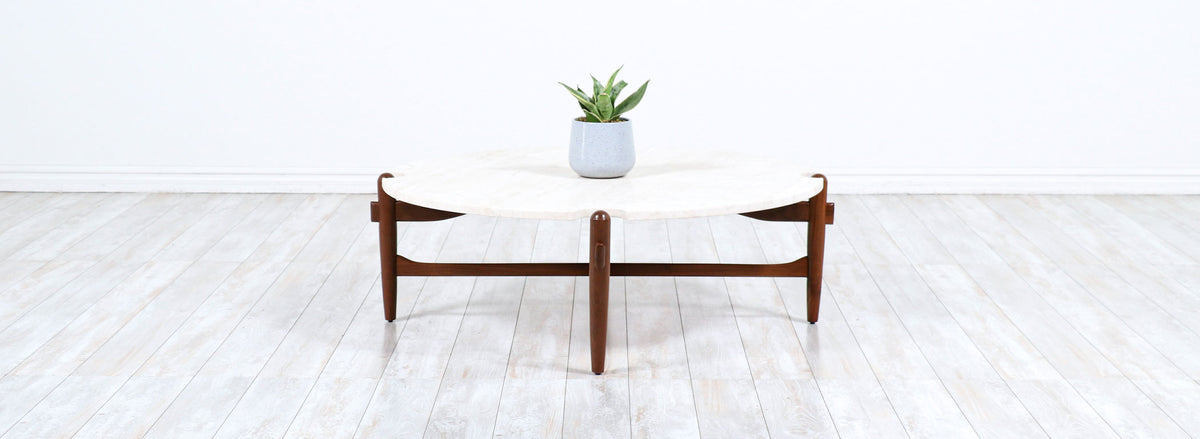 Merton L. Gershun Sculpted Walnut & Travertine Stone Coffee Table for American of Martinsville