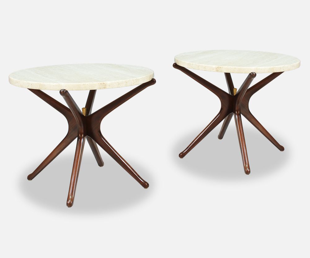 Mid-Century Travertine Top Side Tables with Sculpted Jax Style Bases
