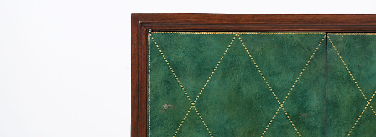 Tommi Parzinger Green Leather Front Cabinets With Brass Pulls for Charak Modern