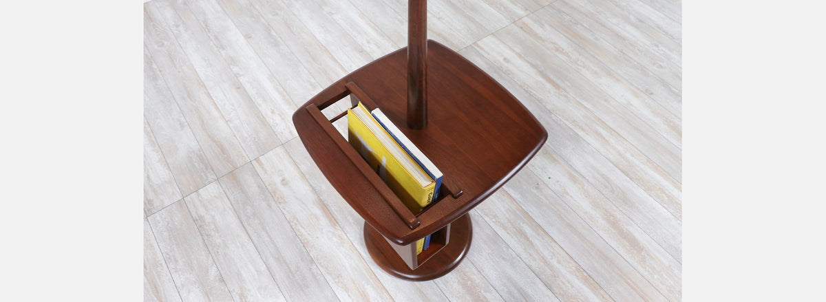 Mid-Century Modern Sculpted Walnut Floor Lamp with Magazine Tray by Laurel