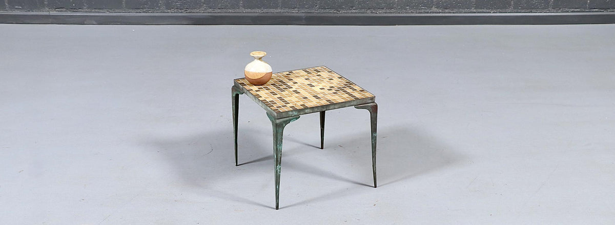 Japanese Modern Brass & Murano Mosaic Tile Top Side Table