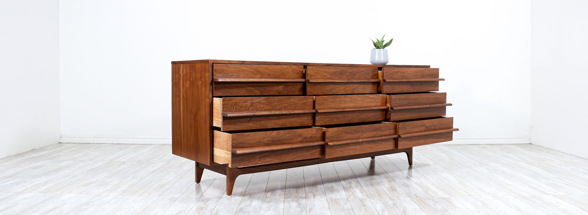 Mid-Century Modern Curved-Front Walnut Dresser by Young Furniture Company 