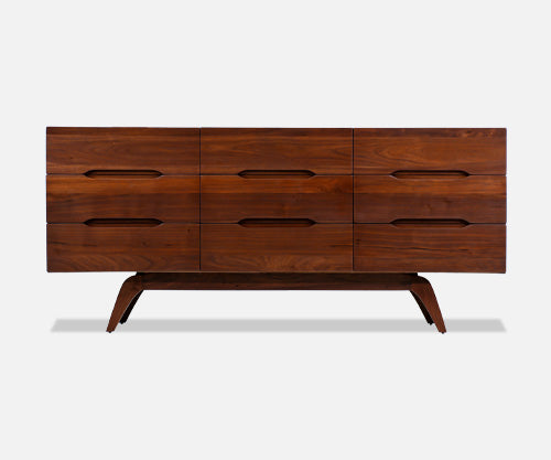 Mid-Century Modern Sculpted Walnut 9-Drawer Dresser 