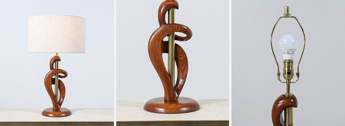Mid-Century Modern Sculpted Wood & Brass Table Lamps by Light House Co.