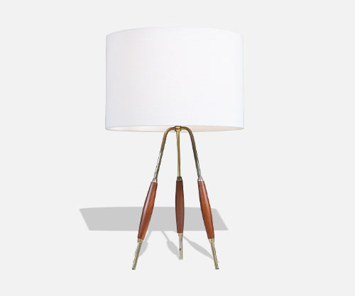 Mid-Century Modern Tripod Brass & Walnut Table Lamp