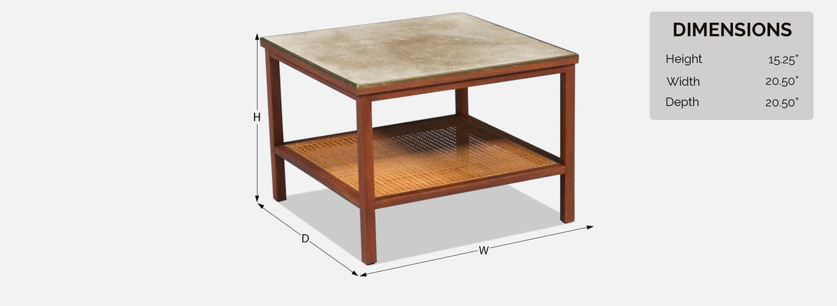 Paul McCobb Leather Top Side Tables w/ Cane Shelves for Calvin Furniture