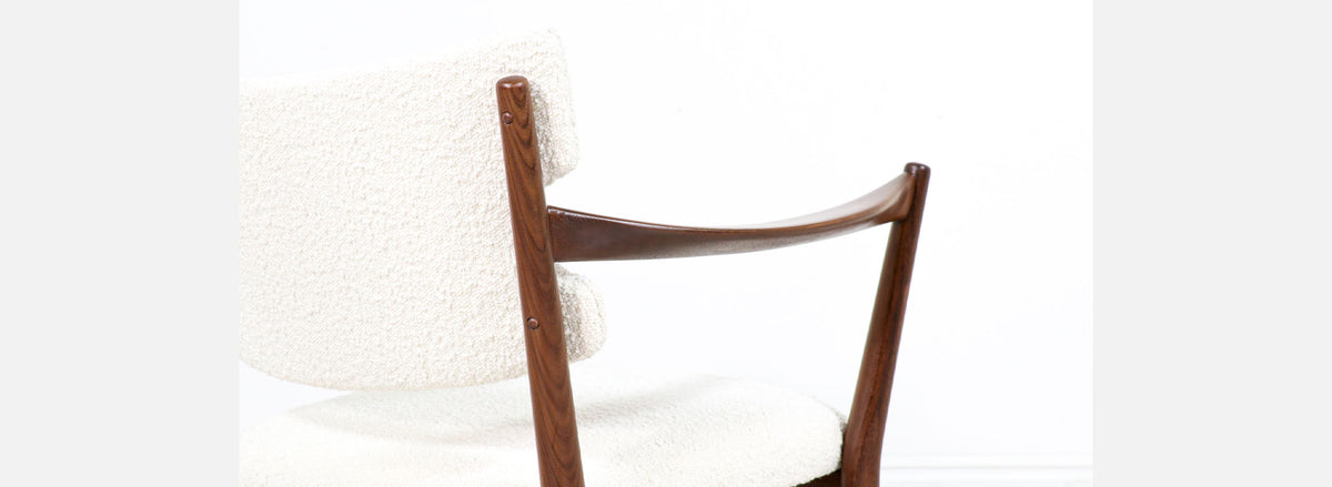 Fredrik Kayser & Adolf Relling "Kaminstolen" African Teak & Boucle Wool Lounge Chairs for Dokka Mobler
