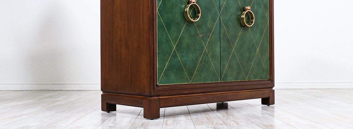 Tommi Parzinger Green Leather Front Cabinets With Brass Pulls for Charak Modern
