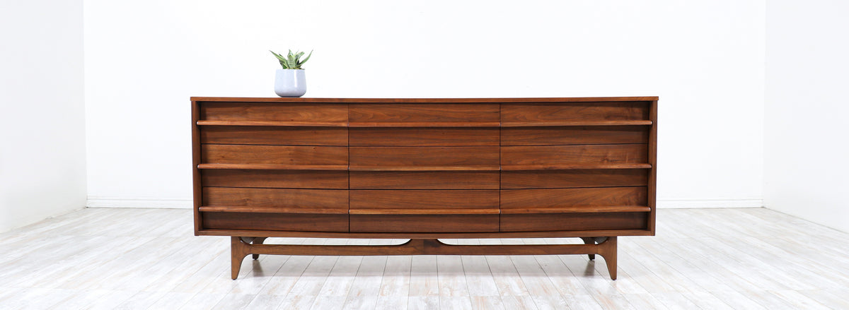Mid-Century Modern Curved-Front Walnut Dresser by United Furniture