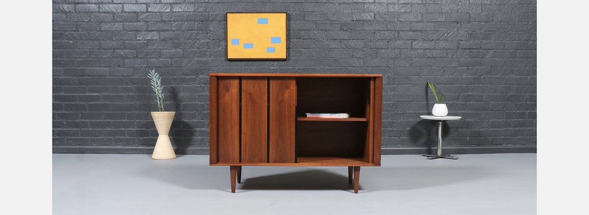 California Modernist Tambour-Door Walnut Credenza by Barzilay
