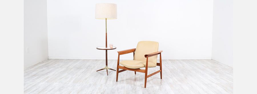 Mid-Century Modern Walnut & Brass Tripod Floor Lamp with Side Table