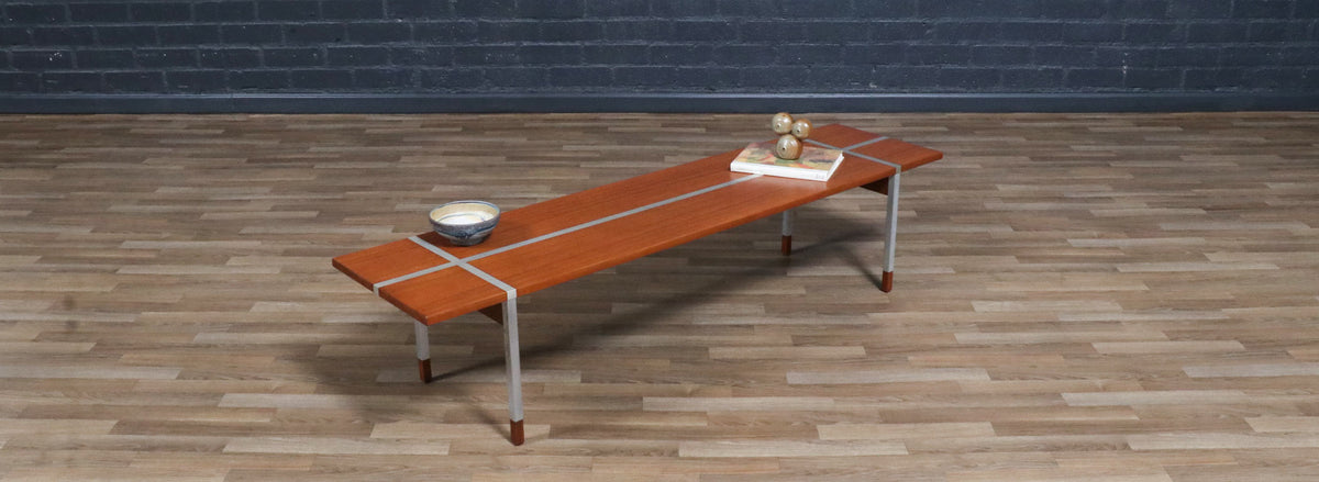 Danish Modern Teak Bench / Coffee Table w/ Aluminum Inlaid by Selig