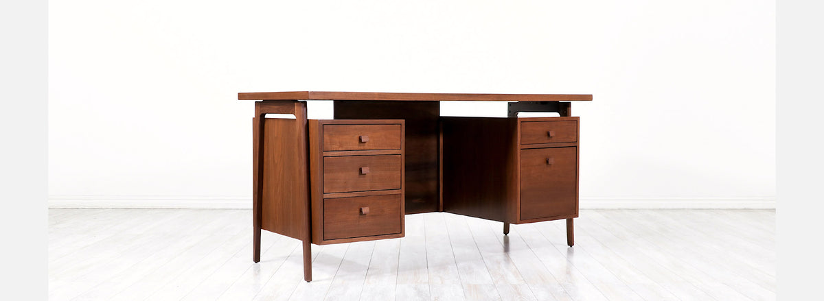 Mid-Century Modern Executive Walnut Desk with Floating Top