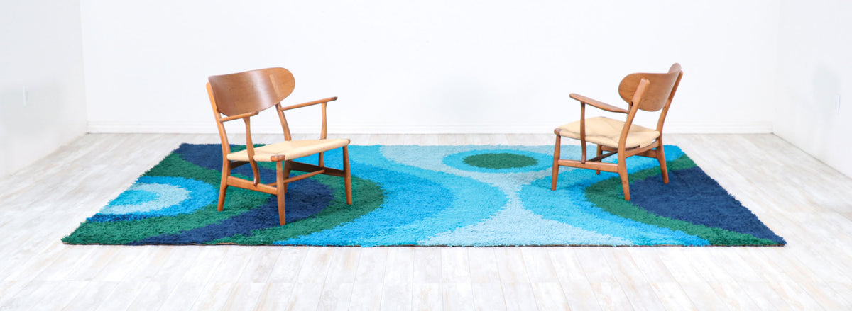 Large Danish Modern Hand-Knotted Blue/Green Wool Rug by Rya
