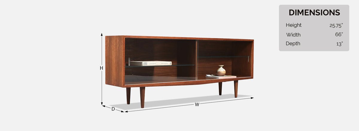 Mid Century Modern Low Walnut & Glass Bookcase Credenza