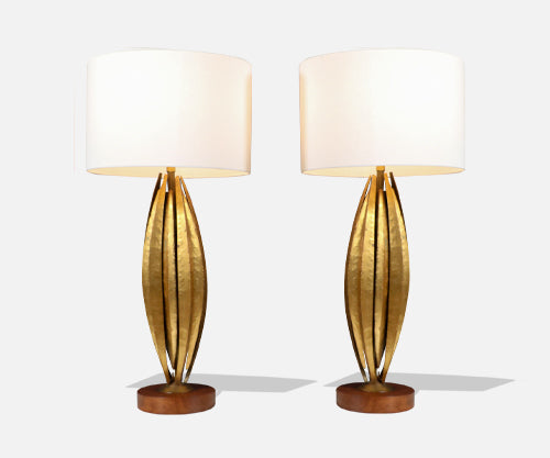 Mid-Century Brutalist "Flame Leaf" Gilt Metal Table Lamps 