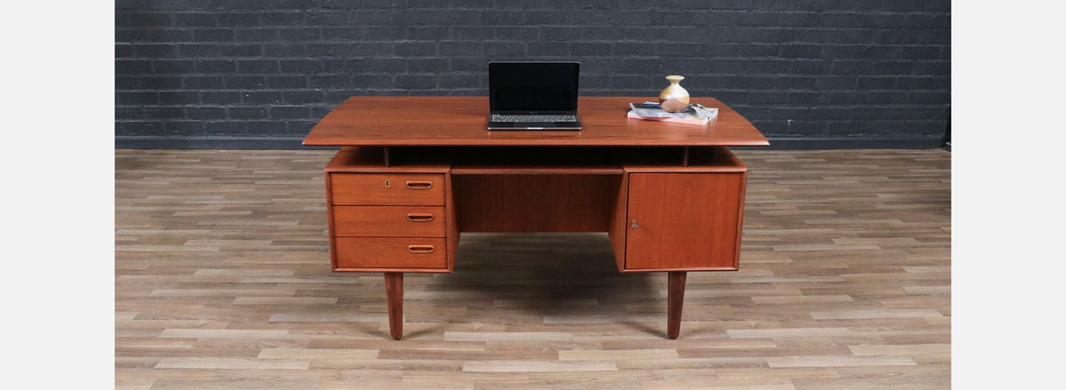 Danish Modern Floating Top Teak Desk w/ Bookcase