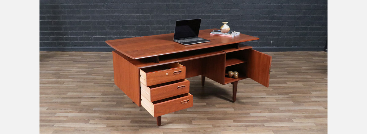 Danish Modern Floating Top Teak Desk w/ Bookcase