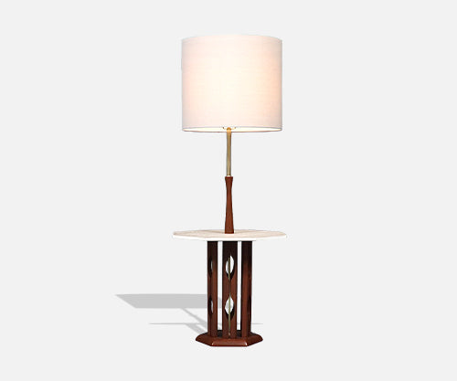 Mid Century Sculpted Walnut Floor Lamp w/ Travertine Side Table