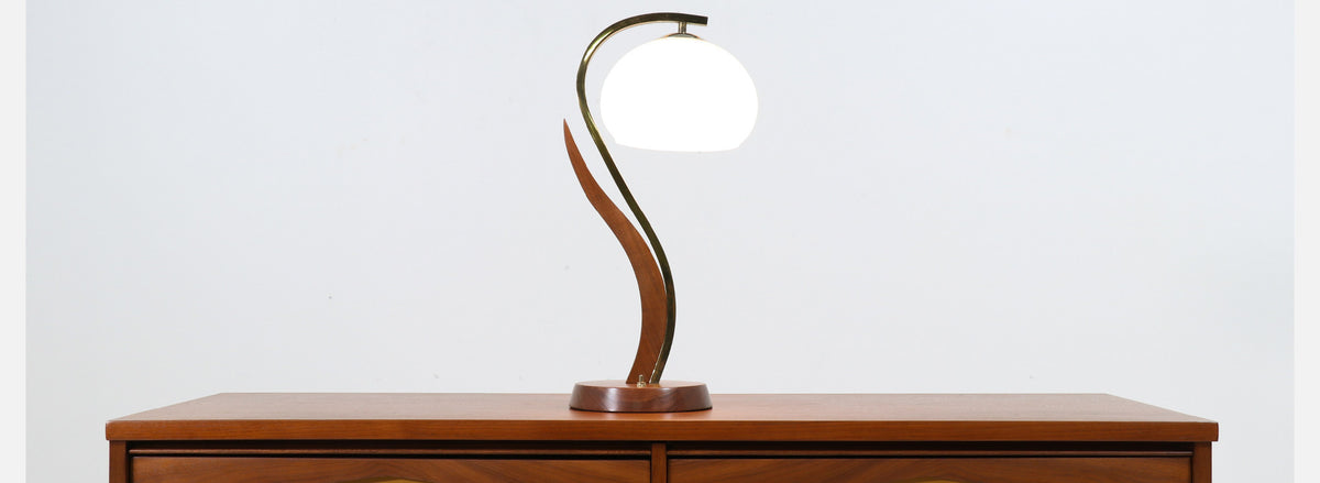Mid-Century Modern Walnut & Brass Accent Table Lamp