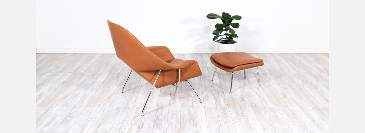 Vintage "Womb" Tan Leather Chair with Ottoman by Eero Saarinen for Knoll 