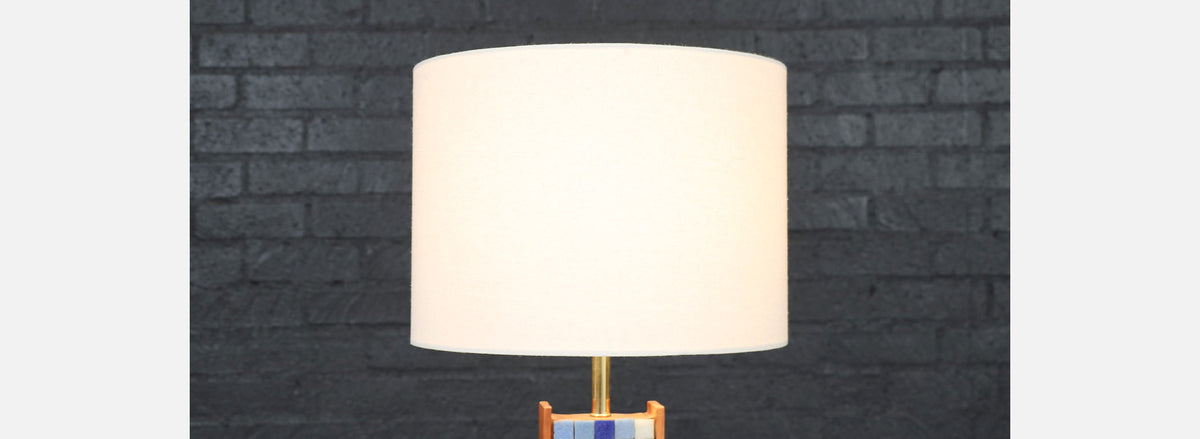 Mid-Century Modern Sculpted Walnut Table Lamp w/ Blue Mosaic Tiles
