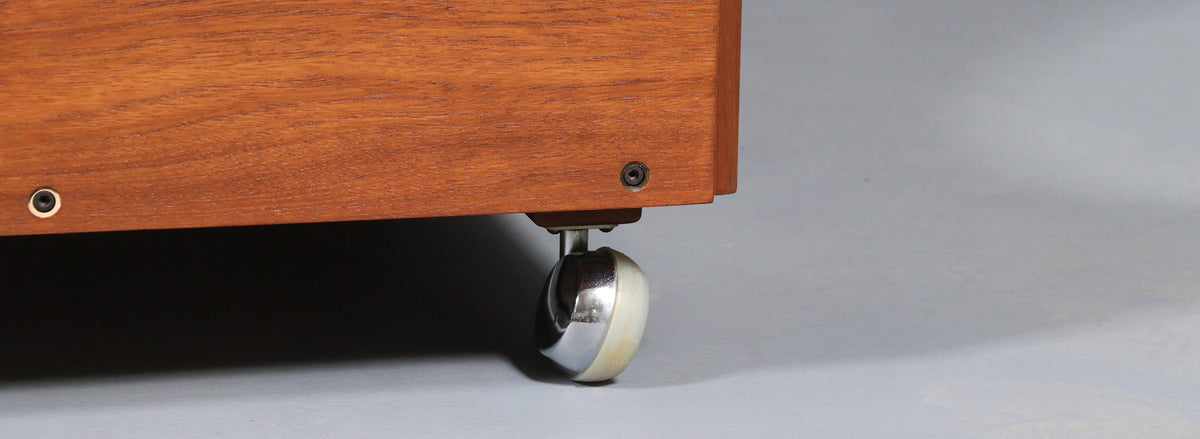 H.W. Klein Rolling Teak Coffee Table w/ Floating Glass Top for Bramin