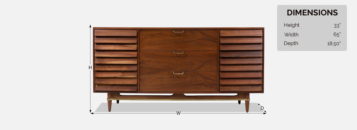 Merton L. Gershun Walnut Dresser with Brass Accents for American of Martinsville