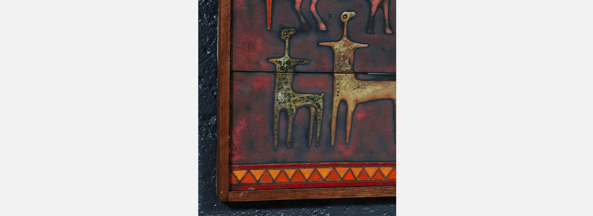Mid-Century Studio Ceramic Plaque w/ Primitivist Animal & Hunting Motifs