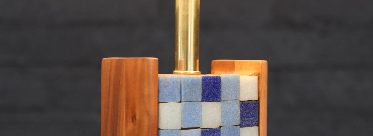 Mid-Century Modern Sculpted Walnut Table Lamp w/ Blue Mosaic Tiles