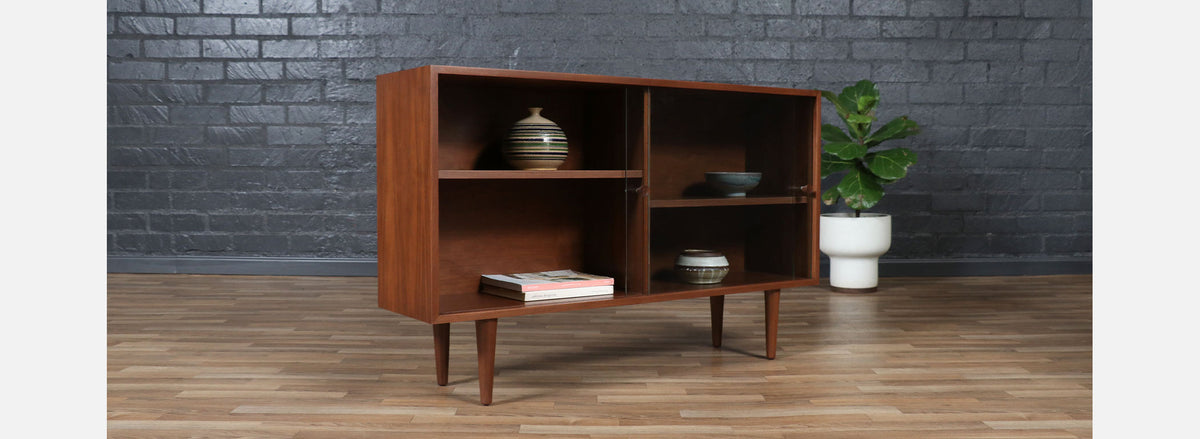 Custom Made Walnut Bookcase w/ Glass Doors by Danish Modern LA