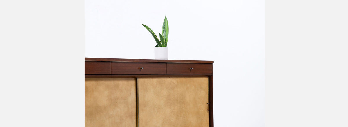 Paul McCobb "Irwin Collection" Credenza with Leather Doors & Brass Accents for Calvin Furniture