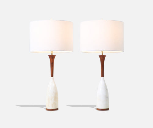 Mid-Century Italian Modern Walnut & Marble Table Lamps