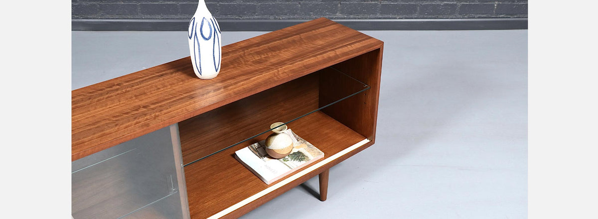 Mid Century Modern Low Walnut & Glass Bookcase Credenza