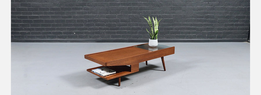 Californian Modern Coffee Table w/ Bookshelf & Drink Tray by John Keal
