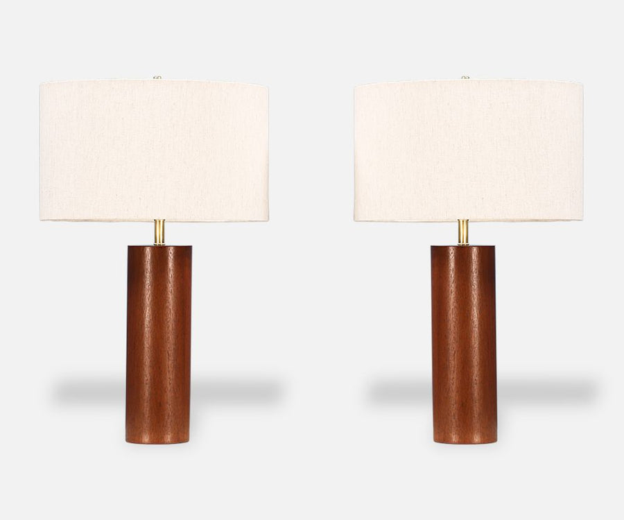 Mid-Century Cylindrical Walnut Table Lamps