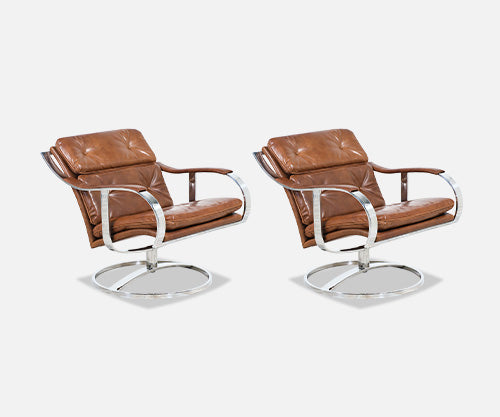 Warren Platner Cognac Leather & Chrome Lounge Chairs for Steelcase