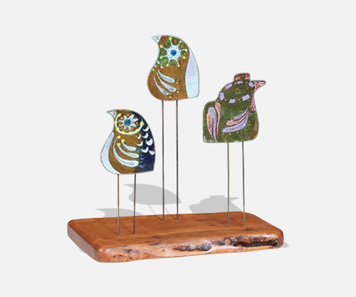 California Modern Enameled Bird Family Sculpture by Curtis Jere