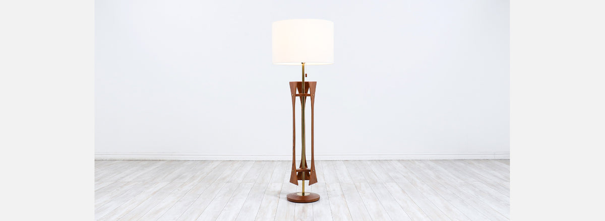 Mid-Century Modern Walnut Sculpted Floor Lamp with Brass Accents
