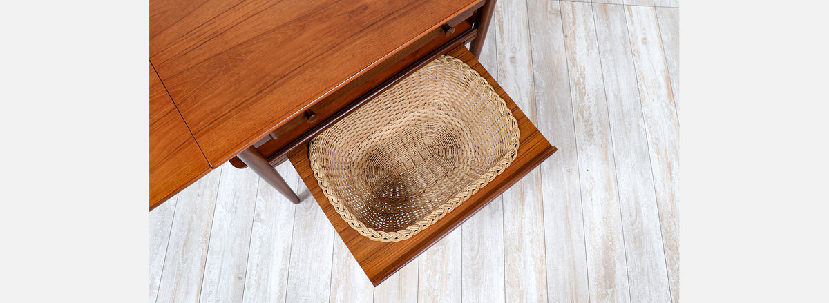 Danish Modern Expanding Teak Sewing Table with Basket