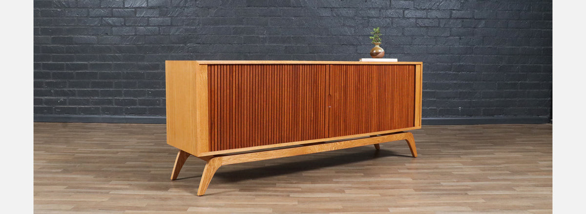 Custom Made Teak & Oak Tambour-Door Credenza by Danish Modern LA