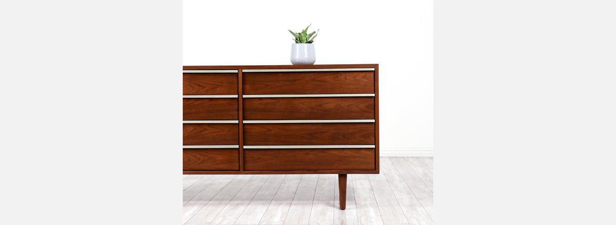 John Keal 8-Drawer Walnut Dresser with Brass Accents 