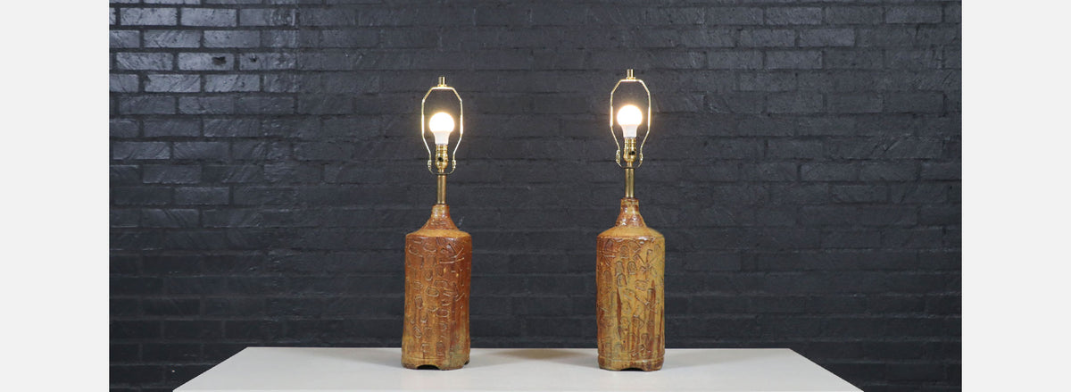 Mid-Century Earthy Glazed Table Lamps w/ Abstract Relief Design