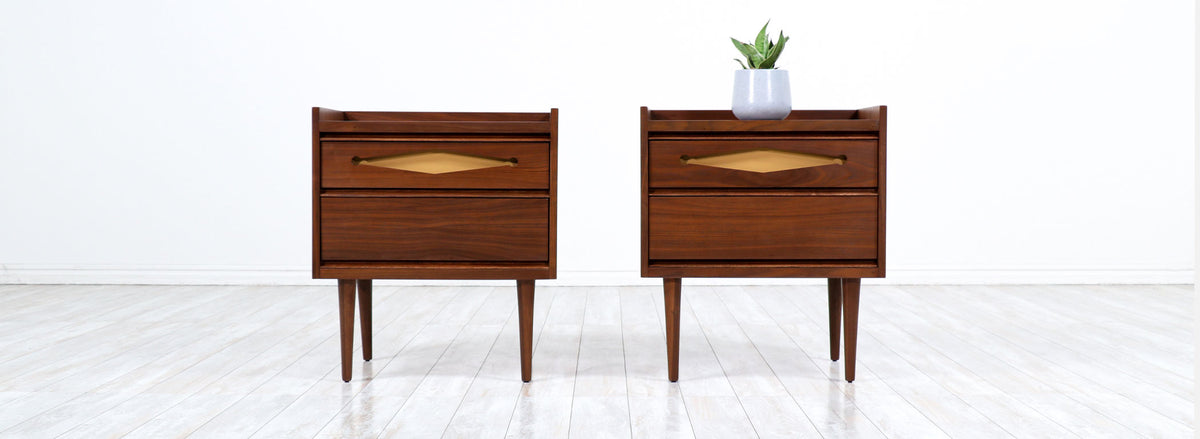 Mid-Century Modern Walnut Night Stands with Lacquered Accent Drawers