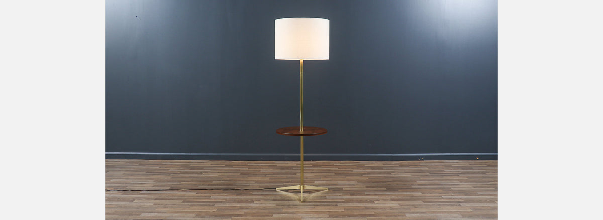 Mid-Century Sculpted Brass Tripod Floor Lamp w/ Side Table by Laurel