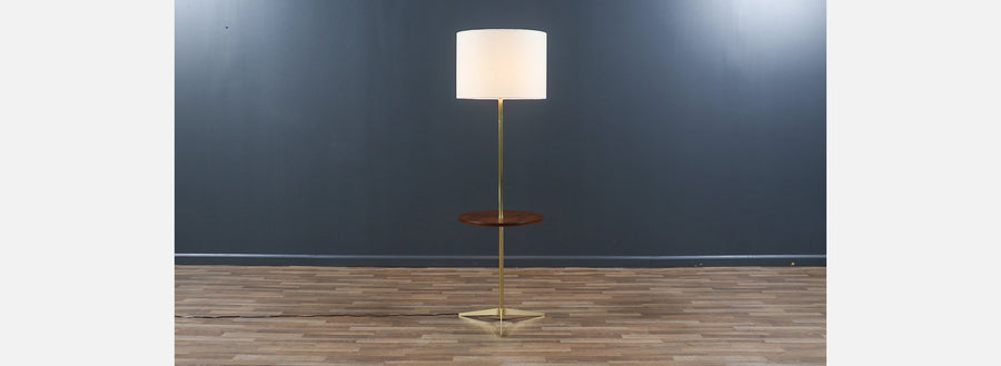Mid-Century Sculpted Brass Tripod Floor Lamp w/ Side Table by Laurel