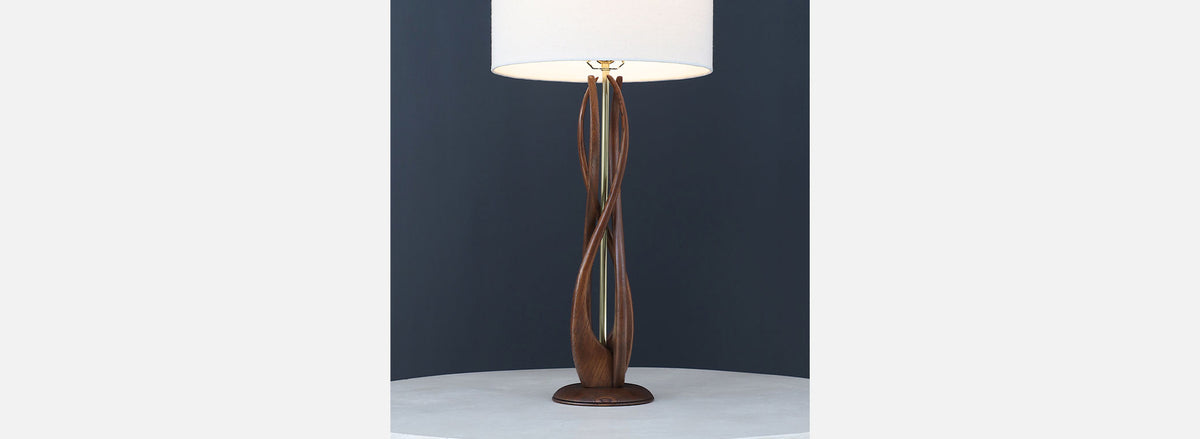 Mid-Century Sculpted Walnut Base with Brass Accent Table Lamp