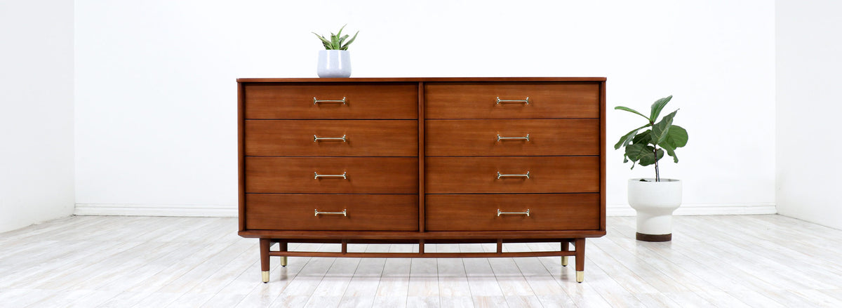 Milo Baughman Walnut Dresser with Brass Handles for Drexel 