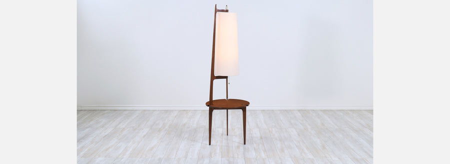 California Modern Sculpted Walnut Floor Lamp with Side Table by Modeline