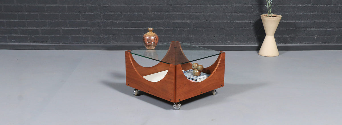 H.W. Klein Rolling Teak Coffee Table w/ Floating Glass Top for Bramin